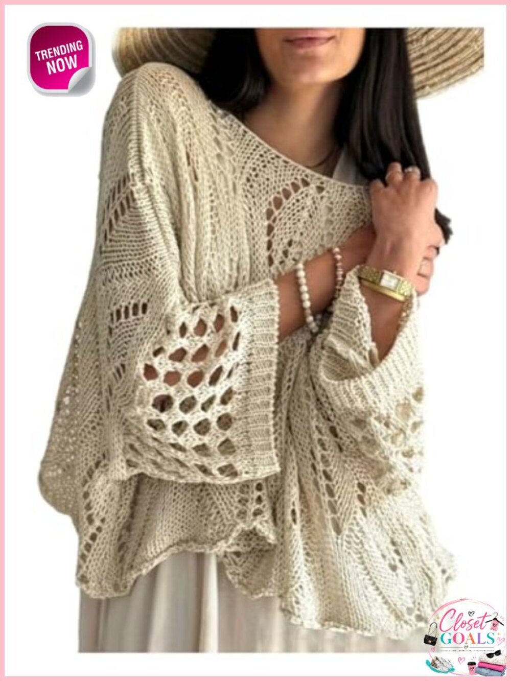 Lightweight Crochet Pullover Sweater Boat Neck 3/4 Sleeve